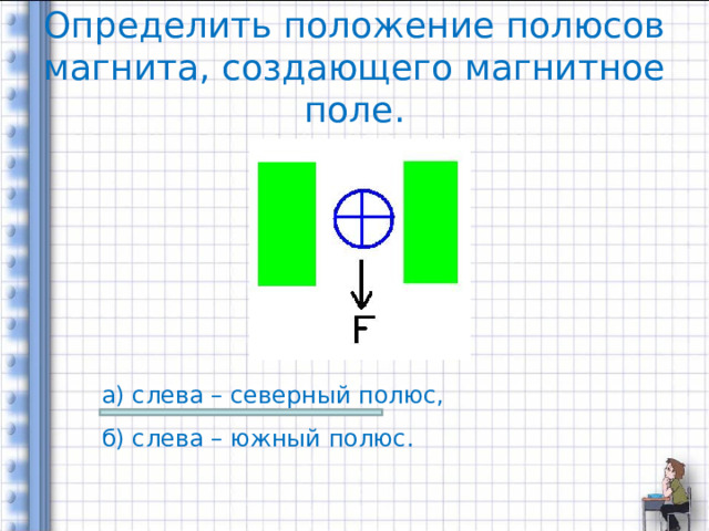 Определить положение полюсов магнита, создающего магнитное поле. а) слева – северный полюс, б) слева – южный полюс. 