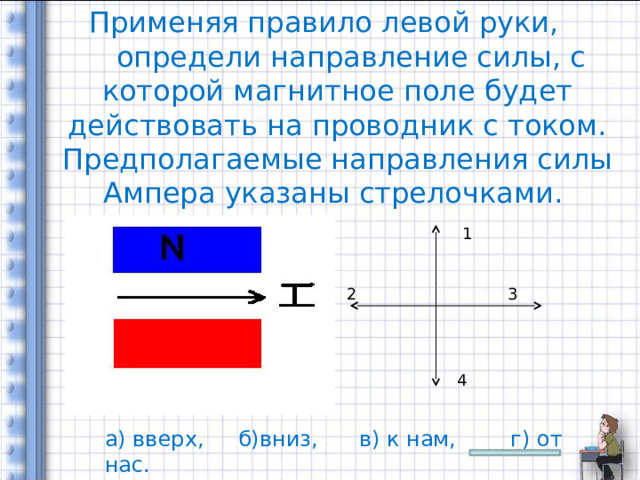    Применяя правило левой руки,  определи направление силы, с которой магнитное поле будет действовать на проводник с током. Предполагаемые направления силы Ампера указаны стрелочками. 1 2 3 4 а) вверх, б)вниз, в) к нам, г) от нас. 