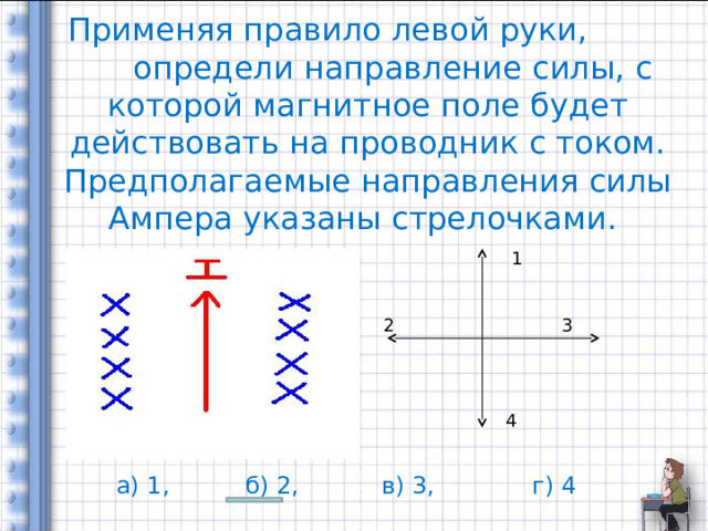    Применяя правило левой руки,  определи направление силы, с которой магнитное поле будет действовать на проводник с током. Предполагаемые направления силы Ампера указаны стрелочками. 1 2 3 4 а) 1, б) 2, в) 3, г) 4 