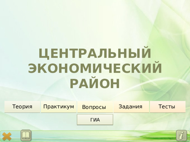ЦЕНТРАЛЬНЫЙ  ЭКОНОМИЧЕСКИЙ РАЙОН Теория Практикум Вопросы  Задания Тесты ГИА 