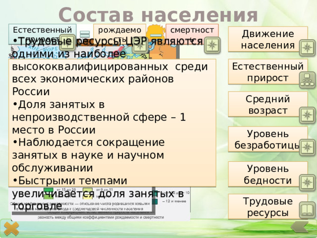 Состав населения смертность рождаемость Естественный прирост Движение населения Естественный прирост Трудовые ресурсы ЦЭР являются одними из наиболее высококвалифицированных среди всех экономических районов России Доля занятых в непроизводственной сфере – 1 место в России Наблюдается сокращение занятых в науке и научном обслуживании Быстрыми темпами увеличивается доля занятых в торговле Средний возраст Уровень безработицы Уровень бедности Трудовые ресурсы 