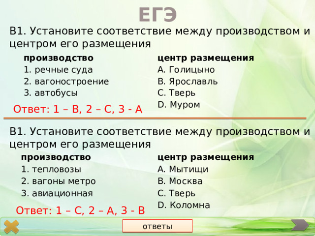 ЕГЭ В1. Установите соответствие между производством и центром его размещения производство центр размещения 1. речные суда А. Голицыно 2. вагоностроение В. Ярославль 3. автобусы С. Тверь D. Муром Ответ: 1 – В, 2 – С, 3 - А В1. Установите соответствие между производством и центром его размещения производство 1. тепловозы центр размещения 2. вагоны метро А. Мытищи В. Москва 3. авиационная С. Тверь D. Коломна Ответ: 1 – С, 2 – А, 3 - В ответы 