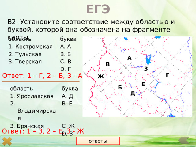 ЕГЭ В2. Установите соответствие между областью и буквой, которой она обозначена на фрагменте карты область буква 1. Костромская А. А 2. Тульская В. Б 3. Тверская С. В D. Г А В З Ответ: 1 – Г, 2 – Б, 3 - А Г Ж Е Б область 1. Ярославская буква 2. Владимирская А. Д 3. Брянская В. Е С. Ж D. З Д Ответ: 1 – З, 2 – Е, 3 - Ж ответы 