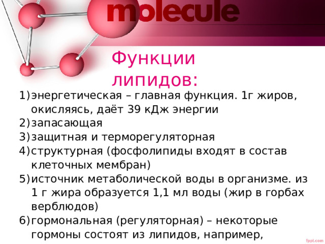 Функции липидов:   энергетическая – главная функция. 1г жиров, окисляясь, даёт 39 кДж энергии запасающая защитная и терморегуляторная структурная (фосфолипиды входят в состав клеточных мембран) источник метаболической воды в организме. из 1 г жира образуется 1,1 мл воды (жир в горбах верблюдов) гормональная (регуляторная) – некоторые гормоны состоят из липидов, например, половые. 