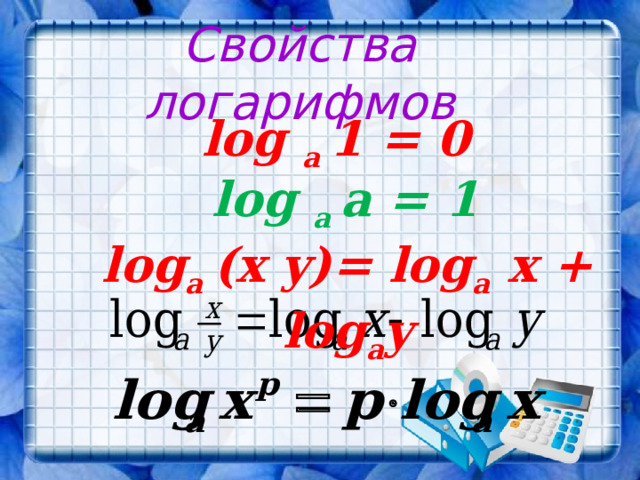 Свойства логарифмов log a 1 = 0 log a a = 1 log a (x y)= log a x + log a y 