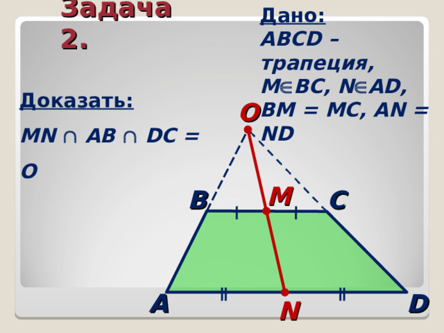 Дано:  АВС D – трапеция, М  ВС , N  AD, BM = MC, AN = ND Задача 2. Доказать:  MN   A В    DC = O О M В C D A N