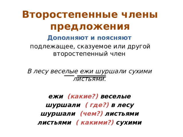 Второстепенные члены предложения Дополняют и поясняют  подлежащее, сказуемое или другой второстепенный член В лесу веселые ежи шуршали сухими листьями. ежи (какие?) веселые шуршали ( где?) в лесу шуршали (чем?) листьями листьями ( какими?) сухими 