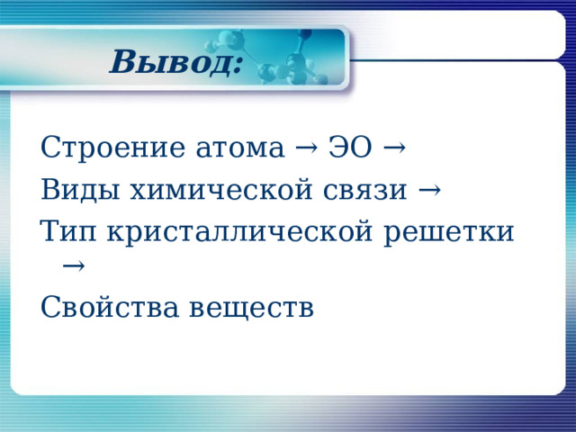 Вывод: Строение атома → ЭО → Виды химической связи →  Тип кристаллической решетки → Свойства веществ 