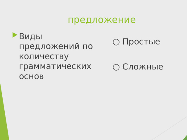 предложение Виды предложений по количеству грамматических основ ○ Простые ○ Сложные 