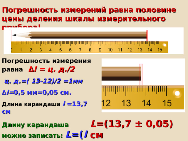 Погрешность измерений равна половине цены деления шкалы измерительного прибора! Погрешность измерения равна   ∆ l  = ц. д./2  ц. д.=( 13-12)/2 =1мм ∆ l= 0,5 мм = 0,05 см. Длина карандаша  l  =13,7 см Длину карандаша можно записать: L =( l ± ∆ l ) ; L =(13,7 ± 0,05) см 