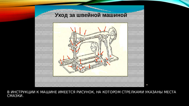 В инструкции к машине имеется рисунок, на котором стрелками указаны места смазки. 