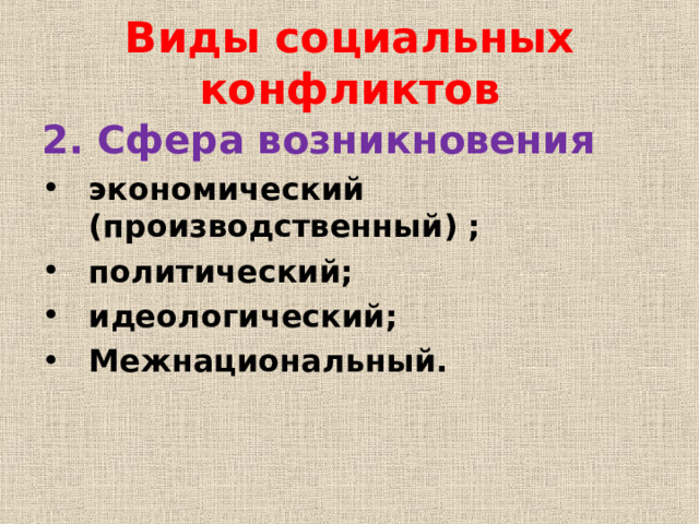 Виды социальных конфликтов 2. Сфера возникновения экономический (производственный) ; политический; идеологический; Межнациональный. 