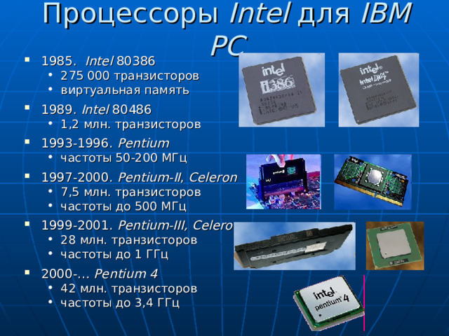 Процессоры Intel для IBM PC 1985. Intel 80386 275 000 транзисторов виртуальная память 275 000 транзисторов виртуальная память 1989. Intel 80486 1,2 млн. транзисторов 1,2 млн. транзисторов 1993-1996. Pentium частоты 50-200 МГц частоты 50-200 МГц 1997-2000. Pentium-II , Celeron 7,5 млн. транзисторов частоты до 500 МГц 7,5 млн. транзисторов частоты до 500 МГц 1999-2001.  Pentium-III, Celeron 28 млн. транзисторов частоты до 1 ГГц 28 млн. транзисторов частоты до 1 ГГц 2000-… Pentium 4 42 млн. транзисторов частоты до 3,4 ГГц 42 млн. транзисторов частоты до 3,4 ГГц 