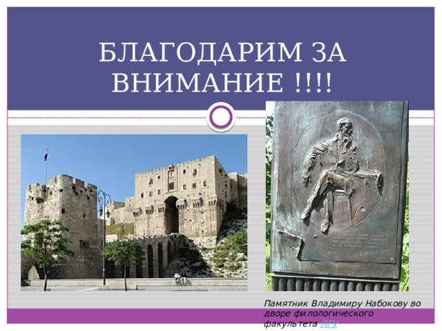 БЛАГОДАРИМ ЗА ВНИМАНИЕ !!!! Памятник Владимиру Набокову во дворе филологического факультета ЛГУ 