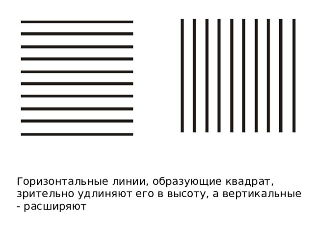 Горизонтальные линии, образующие квадрат, зрительно удлиняют его в высоту, а вертикальные - расширяют 