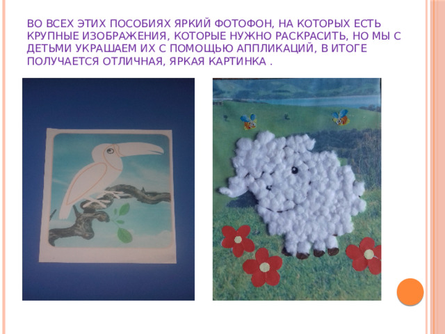 Во всех этих пособиях яркий фотофон, на которых есть крупные изображения, которые нужно раскрасить, но мы с детьми украшаем их с помощью аппликаций, в итоге получается отличная, яркая картинка . 