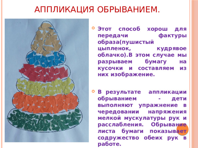 АППЛИКАЦИЯ ОБРЫВАНИЕМ.   Этот способ хорош для передачи фактуры образа(пушистый цыпленок, кудрявое облачко).В этом случае мы разрываем бумагу на кусочки и составляем из них изображение. В результате аппликации обрыванием - дети выполняют упражнение в чередовании напряжения мелкой мускулатуры рук и расслабления. Обрывание листа бумаги показывает содружество обеих рук в работе. 