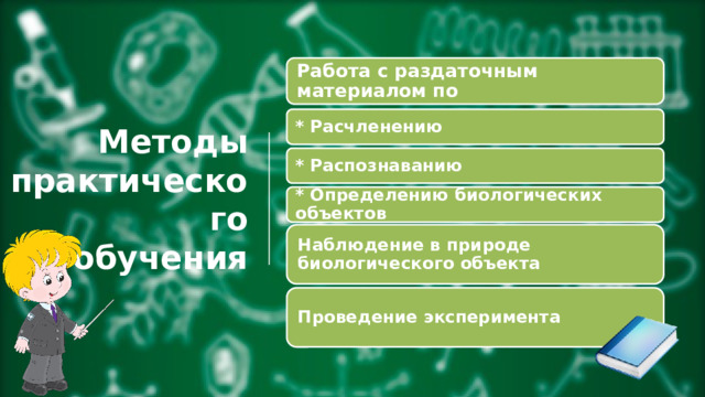 Работа с раздаточным материалом по * Расчленению Методы  практического  обучения * Распознаванию * Определению биологических объектов Наблюдение в природе биологического объекта Проведение эксперимента 