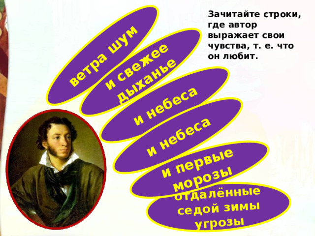 ветра шум и свежее дыханье и небеса отдалённые седой зимы угрозы и первые морозы и небеса Зачитайте строки, где автор выражает свои чувства, т. е. что он любит.  
