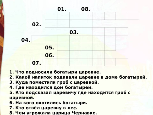 02. 01. 04.     08.               05.   03.     07. 06.                                                     1. Что подносили богатыри царевне.  2. Какой напиток подавали царевне в доме богатырей.  3. Куда поместили гроб с царевной.  4. Где находился дом богатырей.  5. Кто подсказал царевичу где находится гроб с царевной.  6. На кого охотились богатыри.  7. Кто отвёл царевну в лес.  8. Чем угрожала царица Чернавке. 