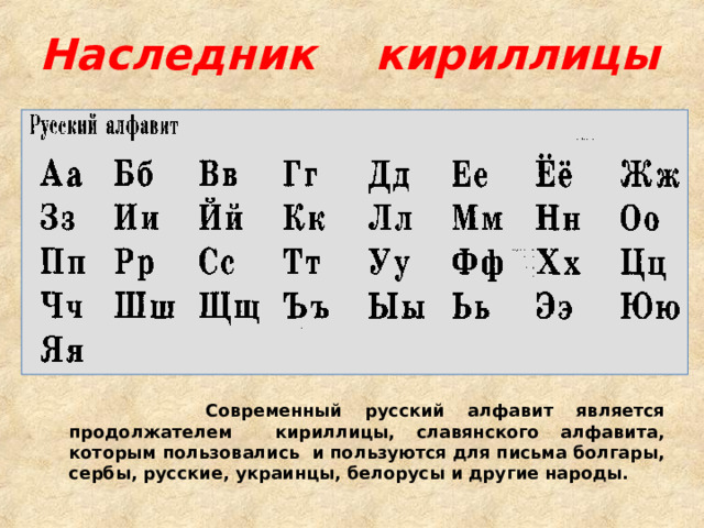 Наследник кириллицы  Современный русский алфавит является продолжателем кириллицы, славянского алфавита, которым пользовались и пользуются для письма болгары, сербы, русские, украинцы, белорусы и другие народы.    