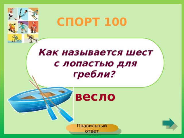 СПОРТ 100 Как называется шест с лопастью для гребли? весло Правильный ответ 