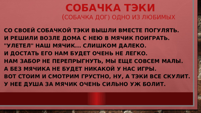  Собачка Тэки    ( Собачка дог) одно из любимых Со своей собачкой Тэки вышли вместе погулять.  И решили возле дома с нею в мячик поиграть.  