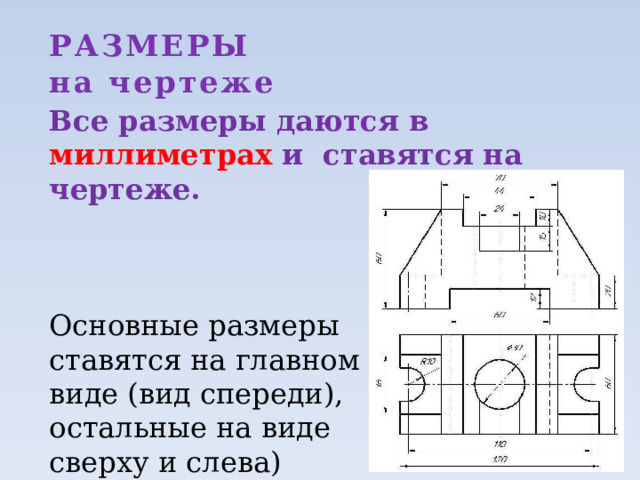 РАЗМЕРЫ  на чертеже Все размеры даются в миллиметрах  и ставятся на чертеже. Основные размеры ставятся на главном виде (вид спереди), остальные на виде сверху и слева) 