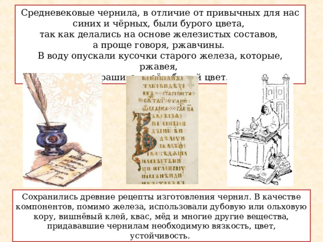Средневековые чернила, в отличие от привычных для нас синих и чёрных, были бурого цвета, так как делались на основе железистых составов, а проще говоря, ржавчины. В воду опускали кусочки старого железа, которые, ржавея, окрашивали её в бурый цвет. Сохранились древние рецепты изготовления чернил. В качестве компонентов, помимо железа, использовали дубовую или ольховую кору, вишнёвый клей, квас, мёд и многие другие вещества, придававшие чернилам необходимую вязкость, цвет, устойчивость. 