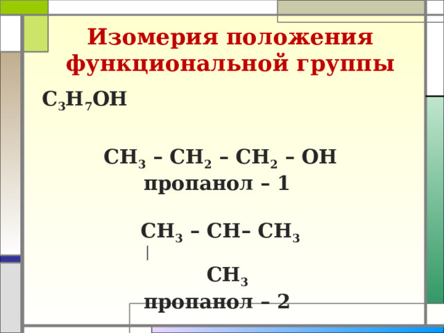 Изомерия положения  функциональной группы  С 3 Н 7 ОН  СН 3 – СН 2 – СН 2 – ОН пропанол – 1  СН 3 – СН– СН 3      │  СН 3 пропанол – 2 