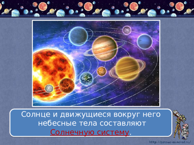 Солнце и движущиеся вокруг него  небесные тела составляют Солнечную систему . 
