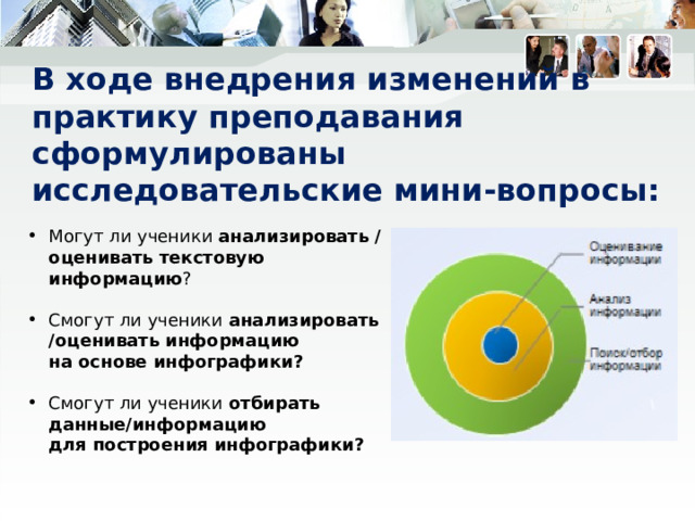 В ходе внедрения изменений в практику преподавания сформулированы  исследовательские мини-вопросы: Могут ли ученики анализировать /оценивать текстовую информацию ? Смогут ли ученики анализировать /оценивать информацию  на основе инфографики? Смогут ли ученики отбирать данные/информацию  для построения инфографики? 