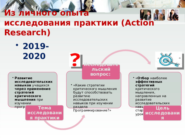 Из личного опыта  исследования практики (Action Research) 2019-2020    Исследовательский вопрос:   «Какие стратегии критического мышления будут способствовать развитию исследовательских навыков при изучении раздела Программирование?»  «Какие стратегии критического мышления будут способствовать развитию исследовательских навыков при изучении раздела Программирование?»  « Отбор наиболее эффективных стратегий критического мышления, направленных на развитие исследовательских навыков учащихся старшей школы на уроках информатики». « Отбор наиболее эффективных стратегий критического мышления, направленных на развитие исследовательских навыков учащихся старшей школы на уроках информатики». Развитие исследовательских навыков учащихся через применение стратегий критического мышления при изучении программирования. Развитие исследовательских навыков учащихся через применение стратегий критического мышления при изучении программирования. Тема исследования практики Цель исследования 8 