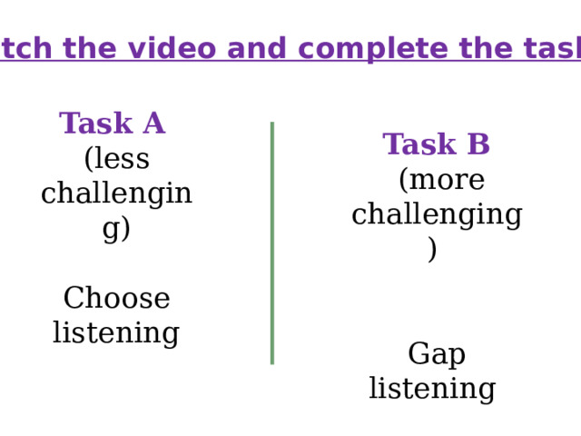 Watch the video and complete the tasks: Task A  (less challenging) Choose listening Task B  (more challenging) Gap listening 