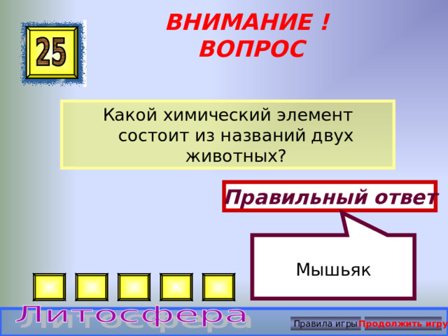 Мышьяк ВНИМАНИЕ ! ВОПРОС Какой химический элемент состоит из названий двух животных? Правильный ответ Правила игры Продолжить игру 