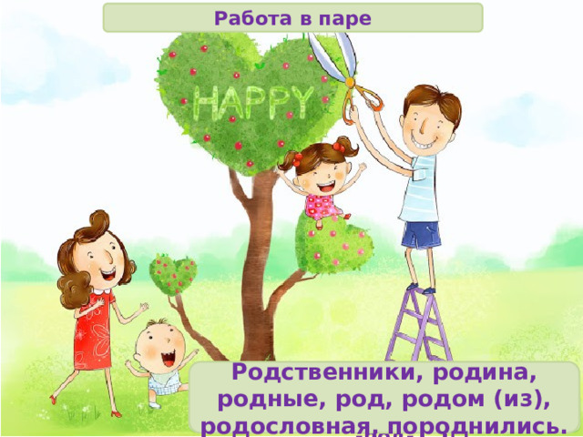 Работа в паре Родственники, родина, родные, род, родом (из), родословная, породнились. Подберите ещё несколько  слов с этим корнем. Родня, родичи, родному . Найди в первом фрагменте слова с корнем -род- 
