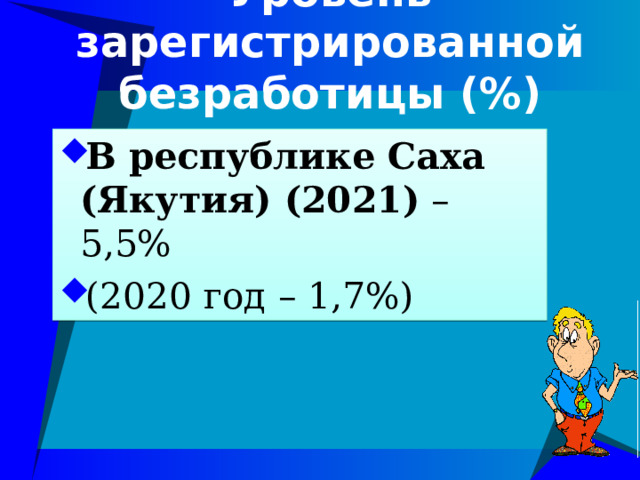 Уровень зарегистрированной безработицы (%) В республике Саха (Якутия) (2021)  – 5,5% (2020 год – 1,7%) 