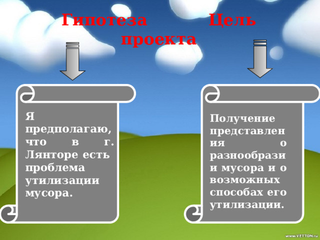 Гипотеза  Цель проекта  Я предполагаю, что в г. Лянторе есть проблема утилизации мусора.  Получение представления о разнообразии мусора и о возможных способах его утилизации. 