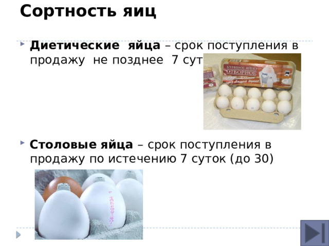 Сортность яиц   Диетические яйца – срок поступления в продажу не позднее 7 суток Столовые яйца – срок поступления в продажу по истечению 7 суток (до 30)   