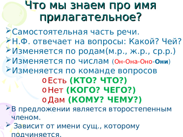 Что мы знаем про имя прилагательное? Самостоятельная часть речи. Н.Ф. отвечает на вопросы: Какой? Чей? Изменяется по родам(м.р., ж.р., ср.р.) Изменяется по числам ( Он-Она-Оно - Они ) Изменяется по команде вопросов Есть  (КТО? ЧТО?) Нет  (КОГО? ЧЕГО?) Дам  (КОМУ? ЧЕМУ?) Есть  (КТО? ЧТО?) Нет  (КОГО? ЧЕГО?) Дам  (КОМУ? ЧЕМУ?) Есть  (КТО? ЧТО?) Нет  (КОГО? ЧЕГО?) Дам  (КОМУ? ЧЕМУ?) Есть  (КТО? ЧТО?) Нет  (КОГО? ЧЕГО?) Дам  (КОМУ? ЧЕМУ?) Есть  (КТО? ЧТО?) Нет  (КОГО? ЧЕГО?) Дам  (КОМУ? ЧЕМУ?) В предложении является второстепенным членом.  Зависит от имени сущ., которому подчиняется.  