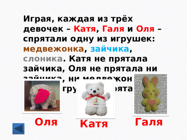 Играя, каждая из трёх девочек – Катя , Галя и Оля – спрятали одну из игрушек: медвежонка , зайчика , слоника . Катя не прятала зайчика, Оля не прятала ни зайчика, ни медвежонка. Кто какую игрушку спрятал?  Оля Галя Катя 