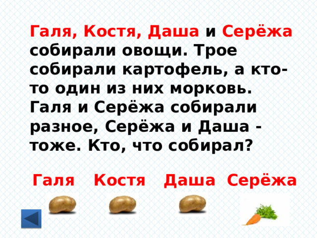 Галя, Костя, Даша и Серёжа собирали овощи. Трое собирали картофель, а кто-то один из них морковь. Галя и Серёжа собирали разное, Серёжа и Даша - тоже. Кто, что собирал? Галя Костя Серёжа Даша 