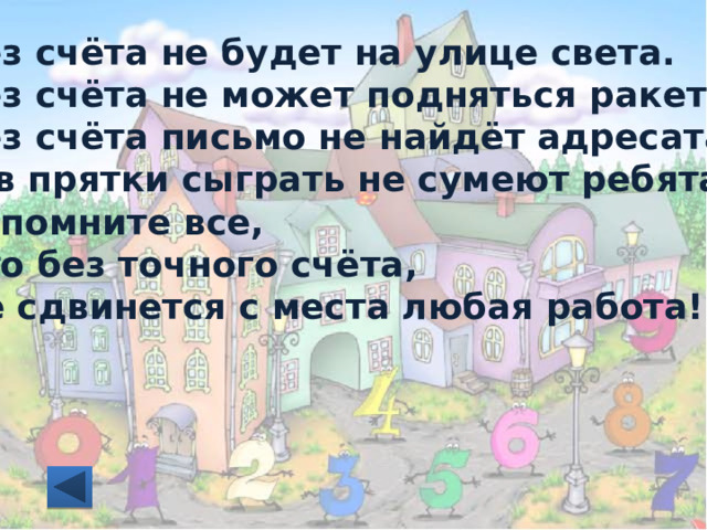 Без счёта не будет на улице света. Без счёта не может подняться ракета. Без счёта письмо не найдёт адресата. И в прятки сыграть не сумеют ребята. Запомните все, Что без точного счёта, Не сдвинется с места любая работа! 