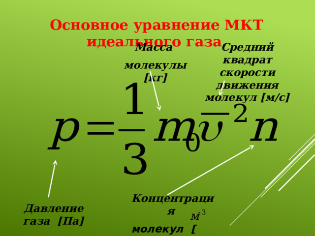 Основное уравнение МКТ идеального газа. Масса Средний квадрат скорости движения молекул [м/с] молекулы [кг] Концентрация  молекул [ ] Давление газа [Па] 