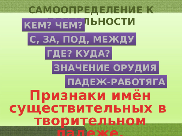 САМООПРЕДЕЛЕНИЕ К ДЕЯТЕЛЬНОСТИ Кем? Чем? С, за, под, между Где? Куда? Значение орудия Падеж-работяга Признаки имён существительных в творительном падеже. 