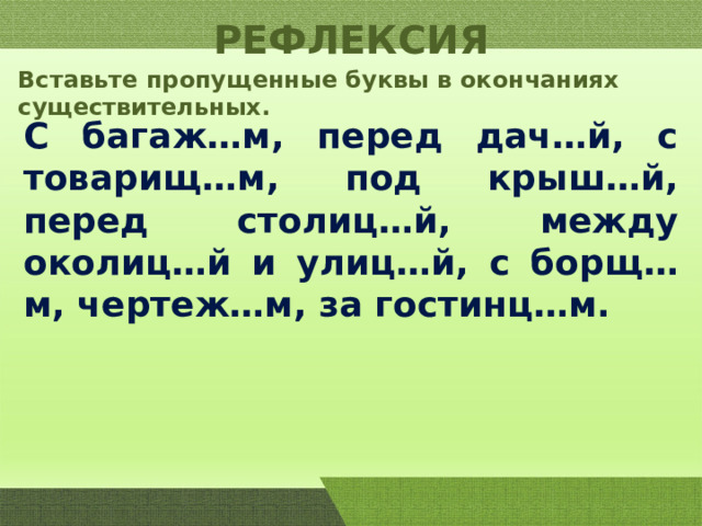 РЕФЛЕКСИЯ Вставьте пропущенные буквы в окончаниях существительных. С багаж…м, перед дач…й, с товарищ…м, под крыш…й, перед столиц…й, между околиц…й и улиц…й, с борщ…м, чертеж…м, за гостинц…м. 