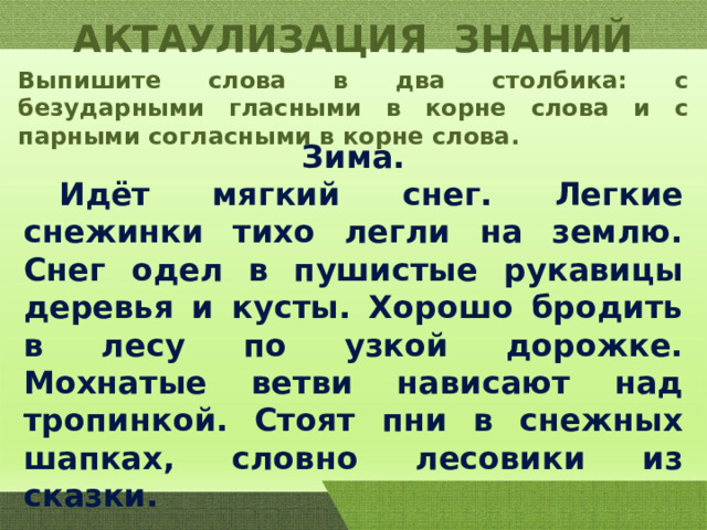 АКТАУЛИЗАЦИЯ ЗНАНИЙ Выпишите слова в два столбика: с безударными гласными в корне слова и с парными согласными в корне слова. Зима.  Идёт мягкий снег. Легкие снежинки тихо легли на землю. Снег одел в пушистые рукавицы деревья и кусты. Хорошо бродить в лесу по узкой дорожке. Мохнатые ветви нависают над тропинкой. Стоят пни в снежных шапках, словно лесовики из сказки. 