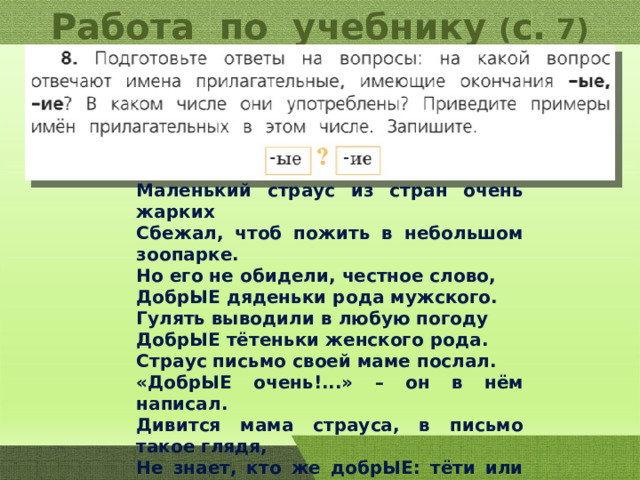 Работа по учебнику ( с. 7) Маленький страус из стран очень жарких Сбежал, чтоб пожить в небольшом зоопарке. Но его не обидели, честное слово, ДобрЫЕ дяденьки рода мужского. Гулять выводили в любую погоду ДобрЫЕ тётеньки женского рода. Страус письмо своей маме послал. «ДобрЫЕ очень!...» – он в нём написал. Дивится мама страуса, в письмо такое глядя, Не знает, кто же добрЫЕ: тёти или дяди. Как же мог бедный страус забыть: У прилагательных во множественном числе Род определить нельзя! 