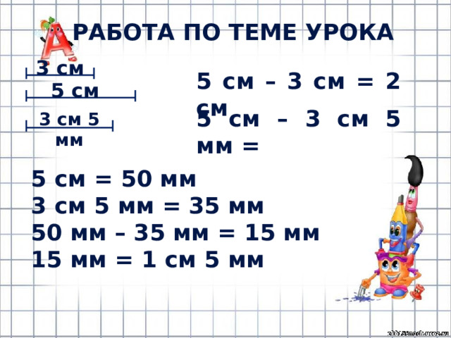 Работа по теме урока 3 см 5 см – 3 см = 2 см 5 см 5 см – 3 см 5 мм = 3 см 5 мм 5 см = 50 мм 3 см 5 мм = 35 мм 50 мм – 35 мм = 15 мм 15 мм = 1 см 5 мм 