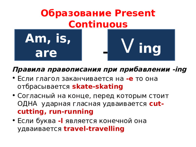 Образование Present Continuous  + Правила правописания при прибавлении -ing Если глагол заканчивается на -e то она отбрасывается skate-skating Согласный на конце, перед которым стоит ОДНА ударная гласная удваивается cut-cutting, run-running Если буква -l является конечной она удваивается travel-travelling Am, is, are V  ing +  